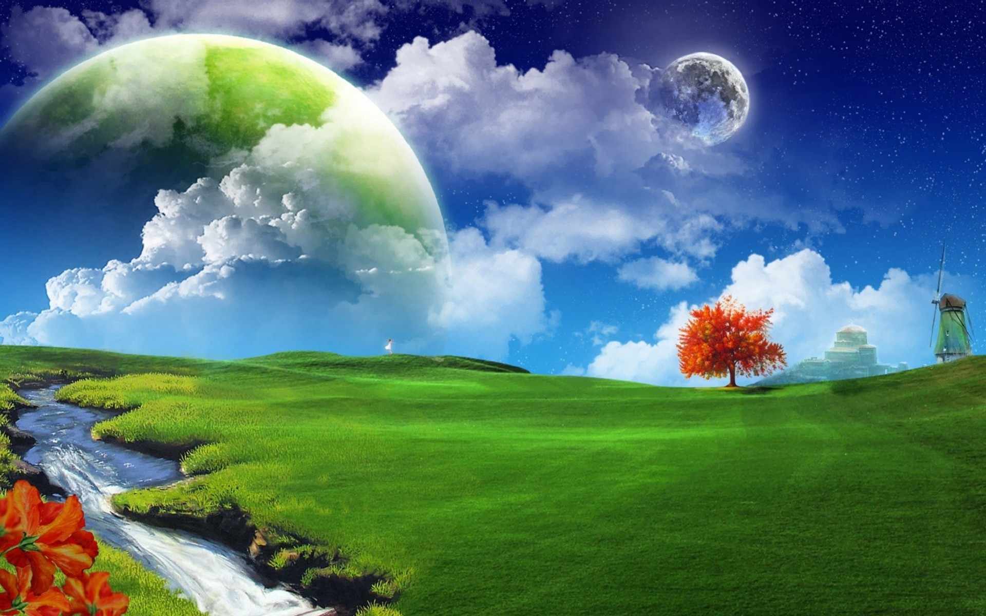 Pianeti, Prato verde, Albero rosso, Surreale, 1920x1200, immagine di sfondo