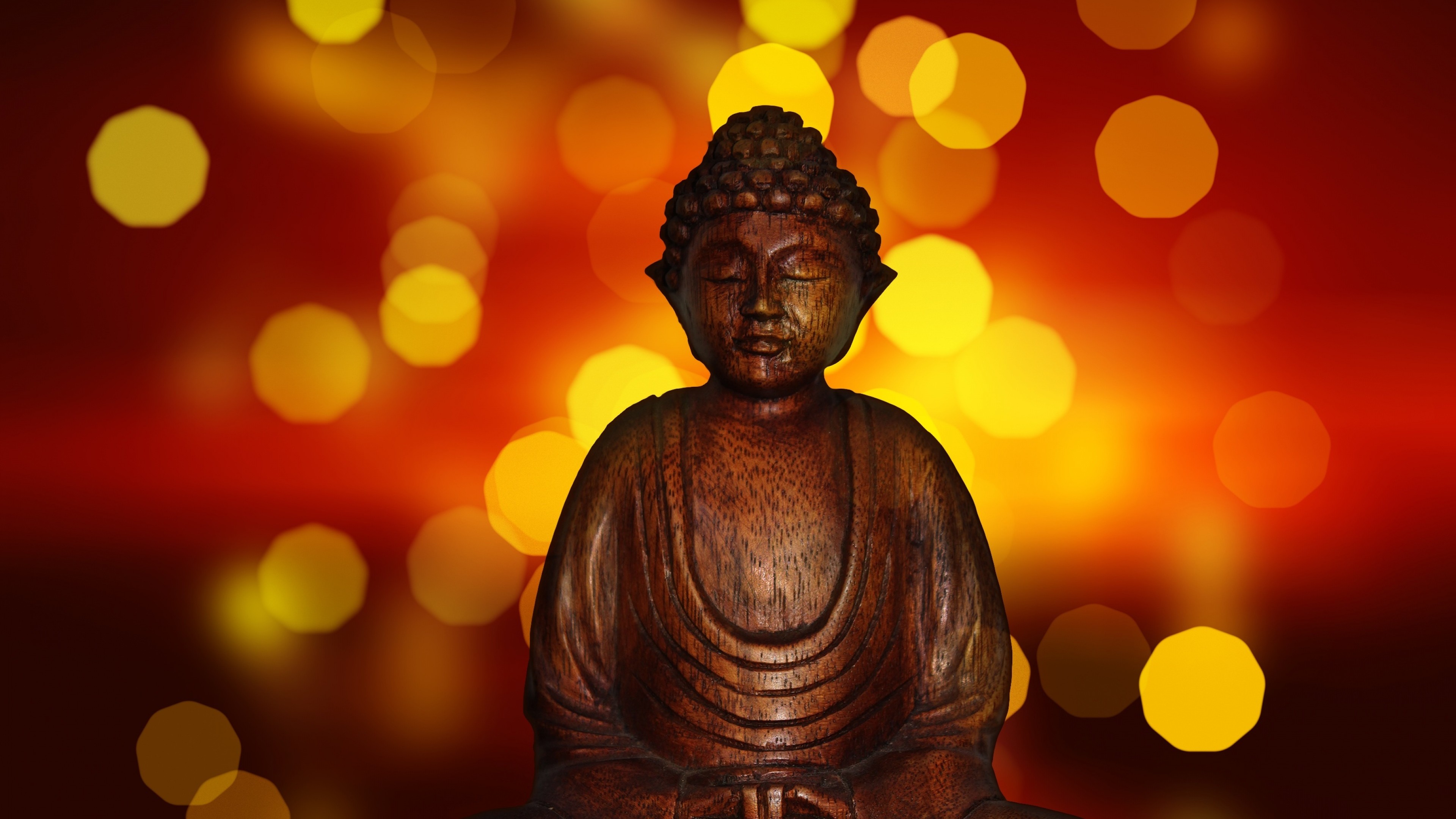 Buddha, Statua in legno, Bokeh, 4K, sfondo per portatile