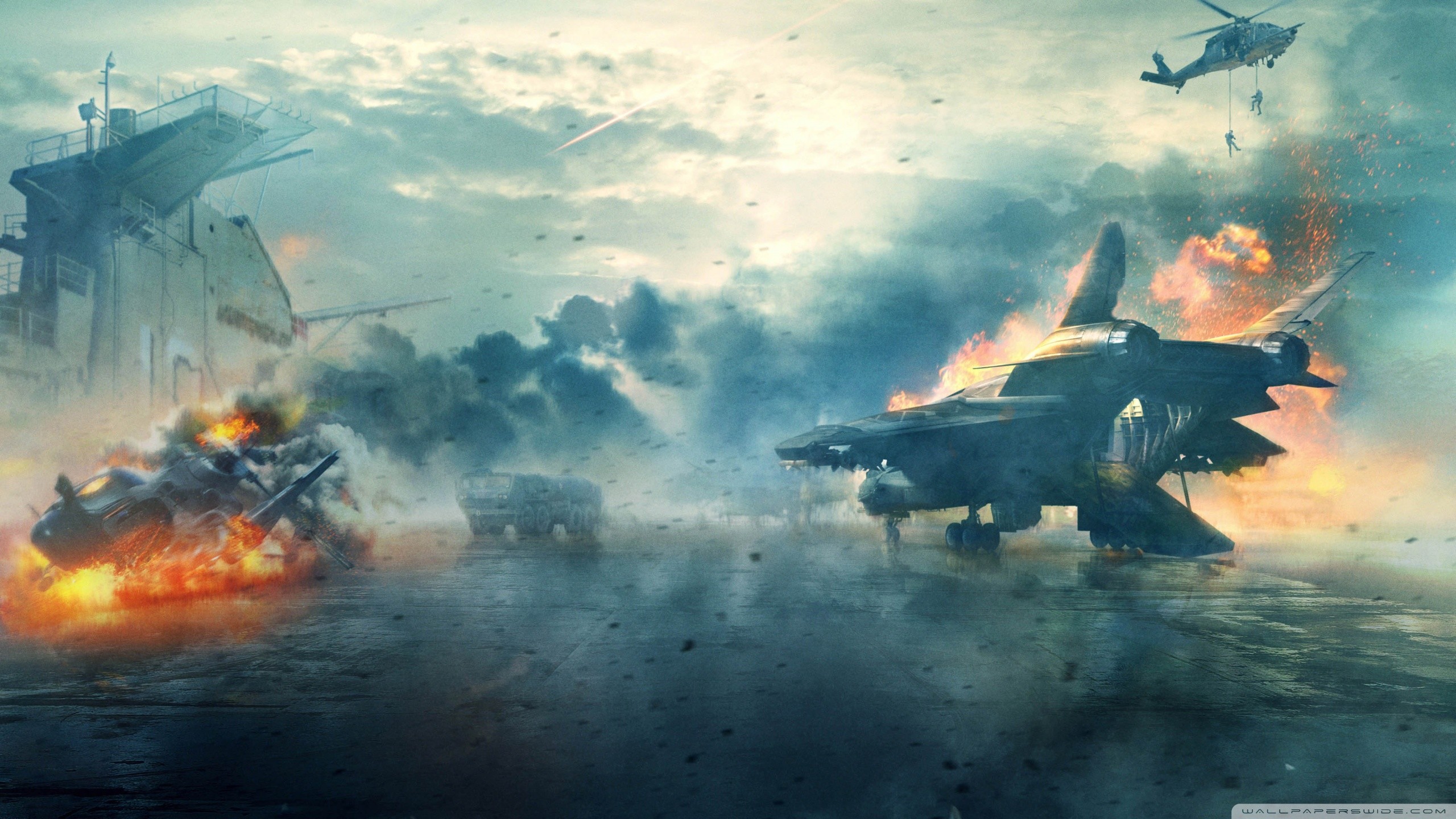 Battlefield 4, Battaglia, Elicottero, Esplosioni, Fumo, 16:9 2K, sfondo widescreen