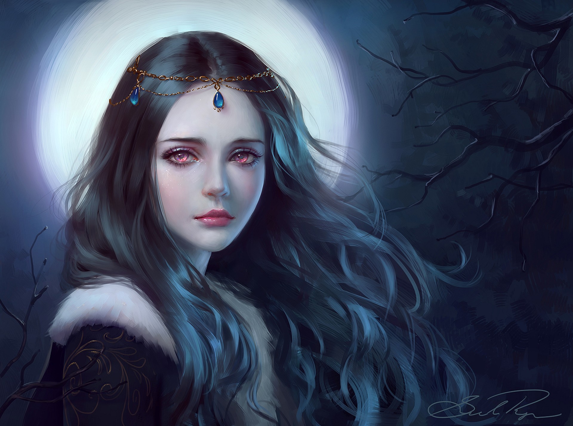Donna fantasy, Luna, Capelli blu, Ritratto, Full HD, sfondo per iPad e tablet