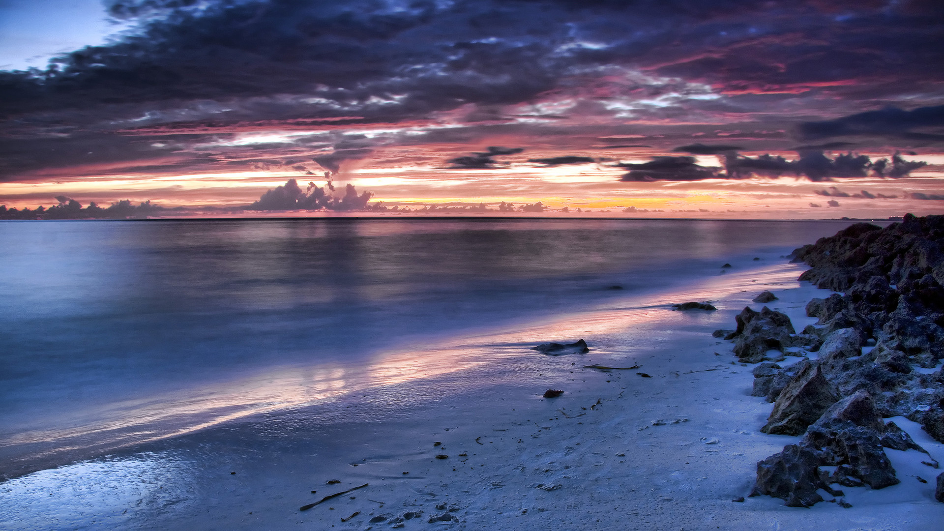 Spiaggia, Scogli, Tramonto, Lunga esposizione, Full HD 1080p, sfondo desktop