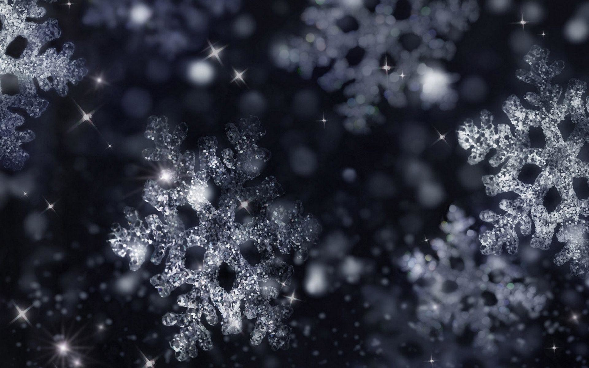 Fiocchi di neve, Sfondo nero, Brillantini, Full HD, wallpaper desktop