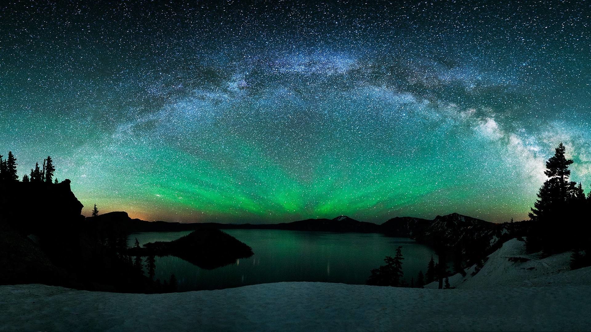 Via Lattea, Aurora boreale, Crater Lake, Cielo stellato, Notte, Full HD, wallpaper desktop