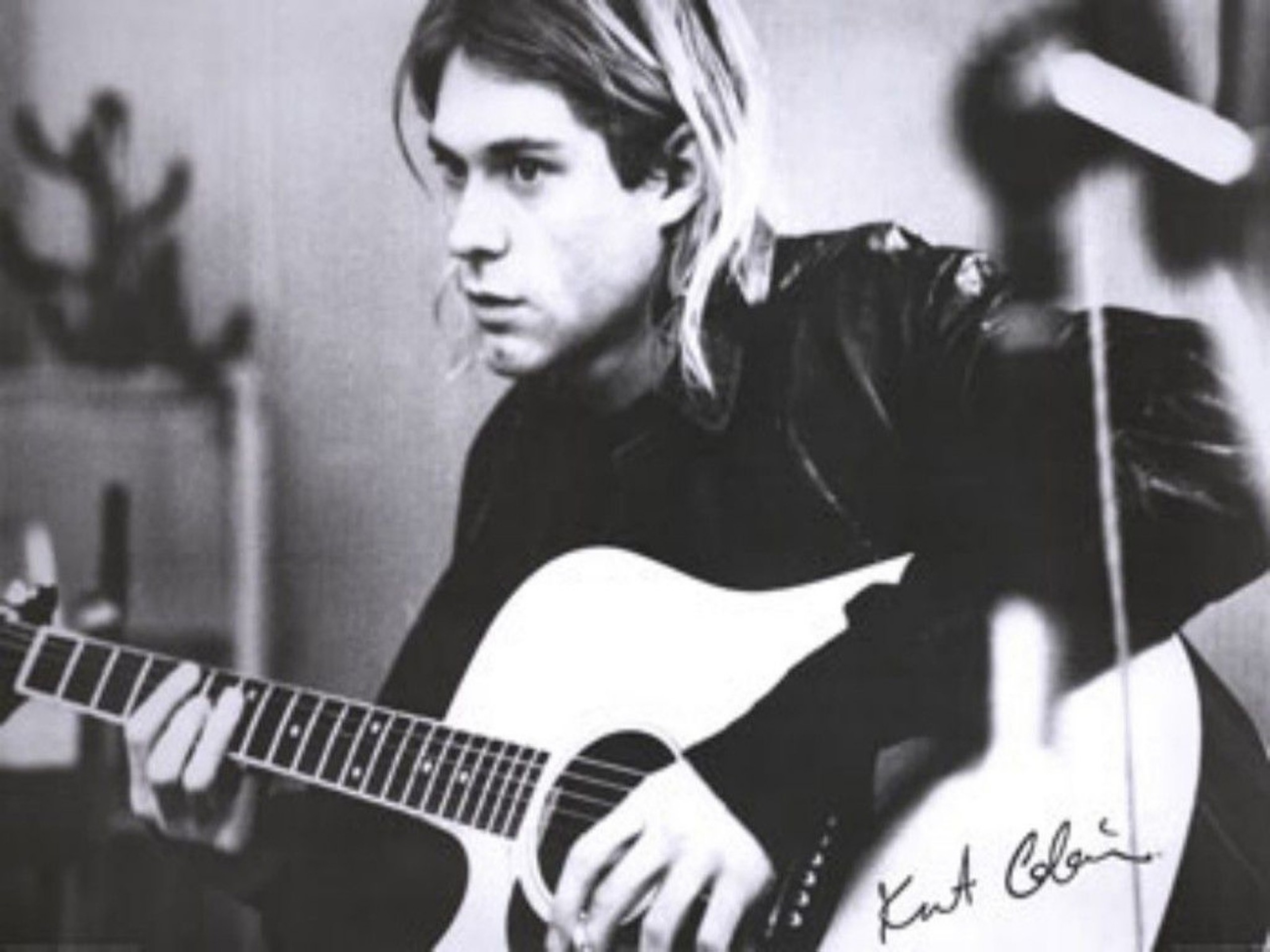 Kurt Cobain, Chitarra acustica, Autografo, Bianco e nero, 2K, schermata di blocco iPad