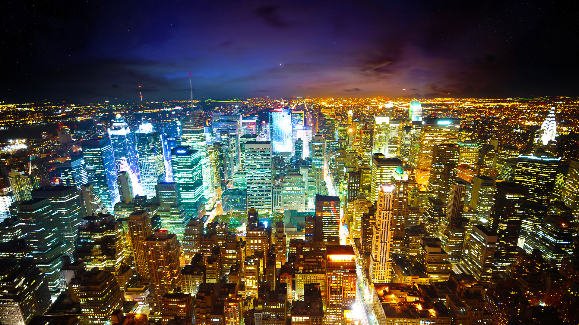 New York, Manhattan, Vista aerea, Notte, Luci della città, Full HD, sfondo per PC
