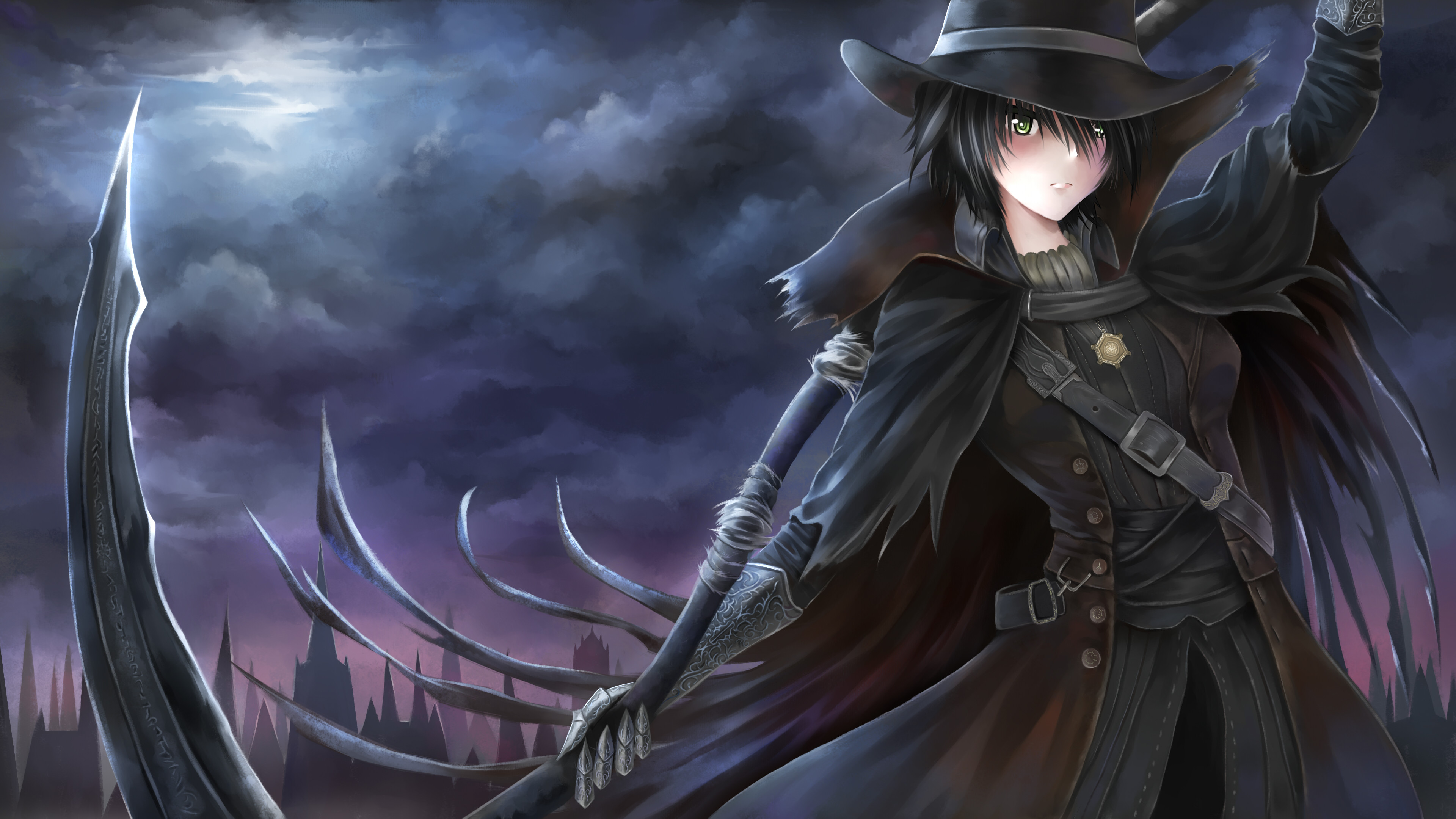 Ragazza anime, Falce, Cappello, Dark fantasy, 4K, sfondo desktop