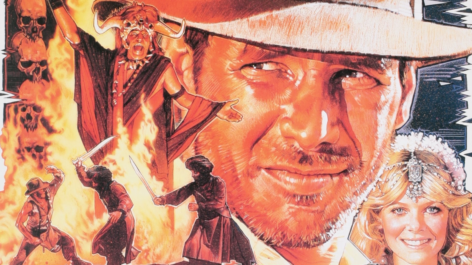 Indiana Jones e il tempio maledetto, Harrison Ford, Kate Capshaw, Locandina dipinta, sfondo 1080p