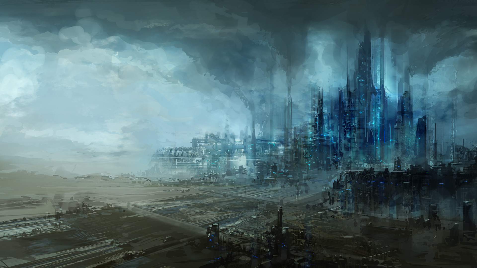 Città aliena, Nebbia, Concept art, Fantascienza, Full HD, sfondo per PC e portatile