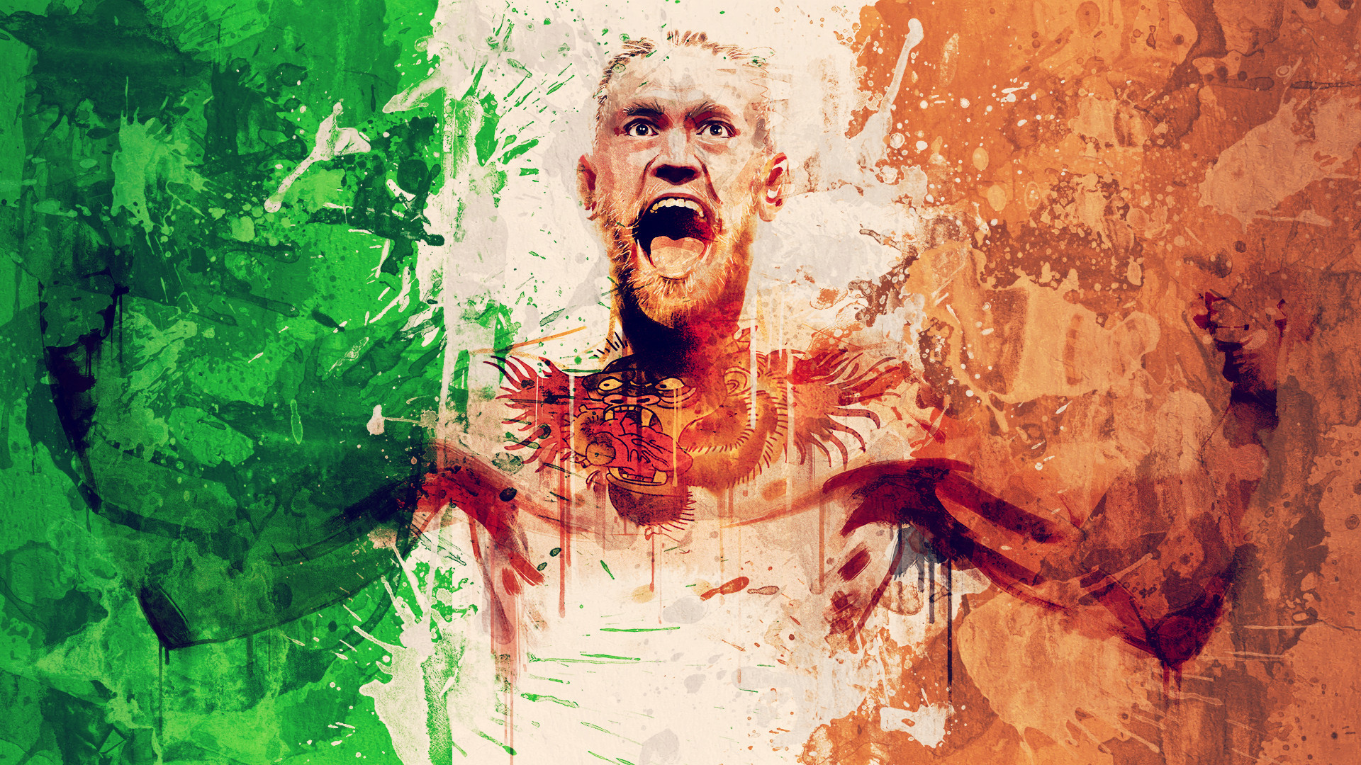 Conor McGregor, Bandiera irlandese, Acquerello, Urlo, Full HD, sfondo desktop