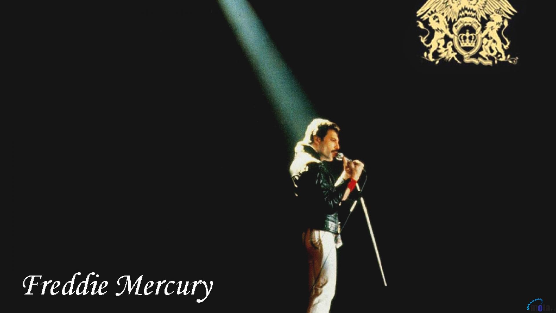 Freddie Mercury, Queen, Logo dei Queen, Luce di scena, Sfondo nero, wallpaper desktop Full HD