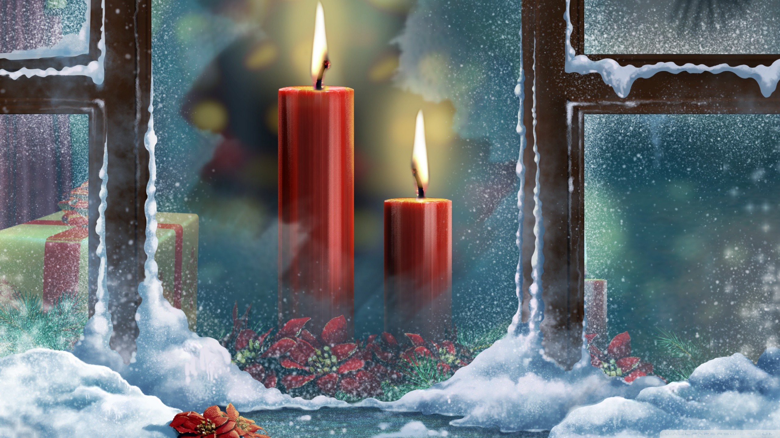 Candele rosse, Finestra, Neve, Brina, 2K, sfondo per PC