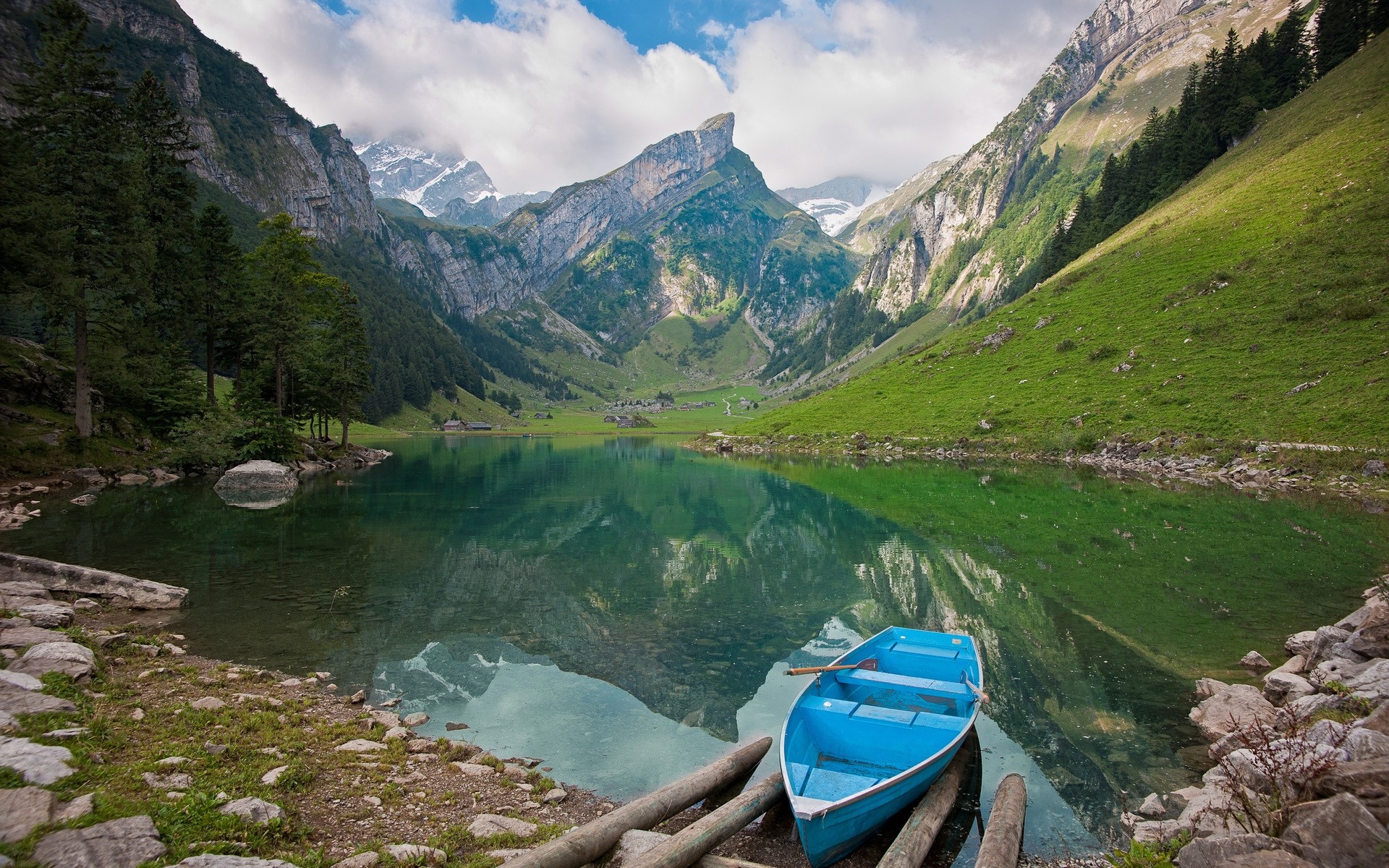 Seealpsee, Alpstein, Svizzera, Lago alpino, Barca, 16:10 Full HD, sfondo widescreen