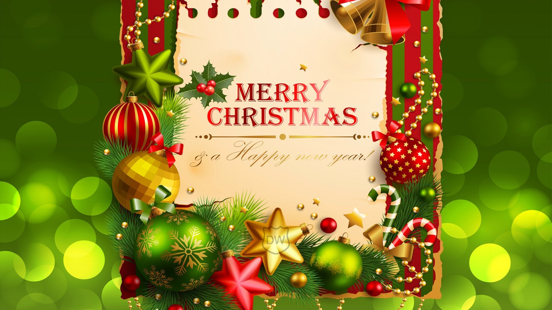 Merry Christmas, Cornice, Palline, Stelle, Verde, 1920x1080, immagine di sfondo