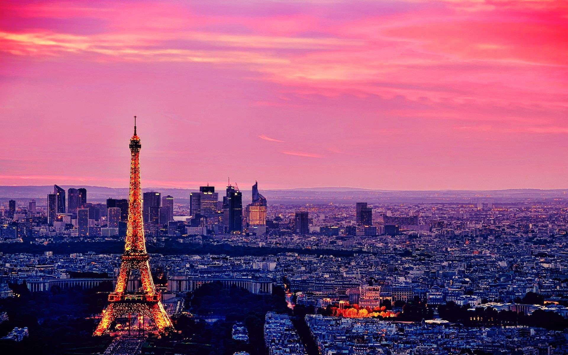 Torre Eiffel, La Défense, Parigi, Cielo rosa, Full HD, sfondo per portatile