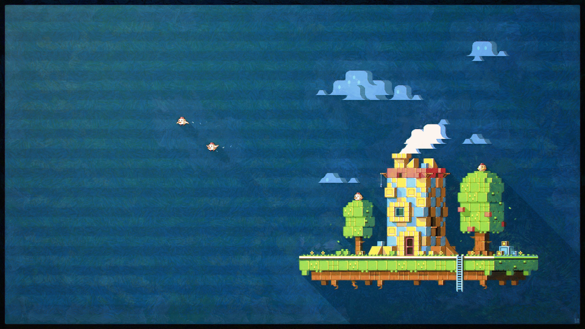 Pixel art, Fez, Isola fluttuante, Sfondo blu, 16:9 Full HD, wallpaper widescreen