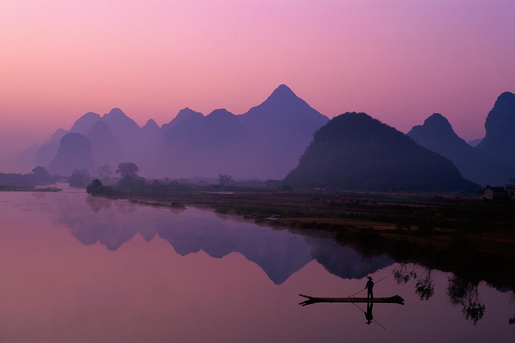 Guilin, Fiume Li, Cina, Montagne carsiche, Pescatore, Cielo rosa, wallpaper per portatile