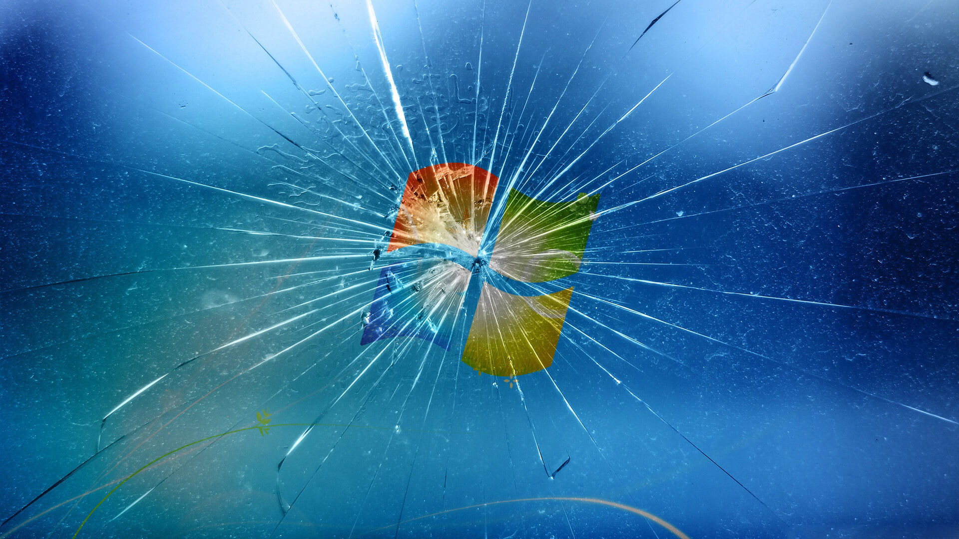 Windows 7, Logo Windows, Vetro rotto, Sfondo blu, 16:9 Full HD, wallpaper widescreen