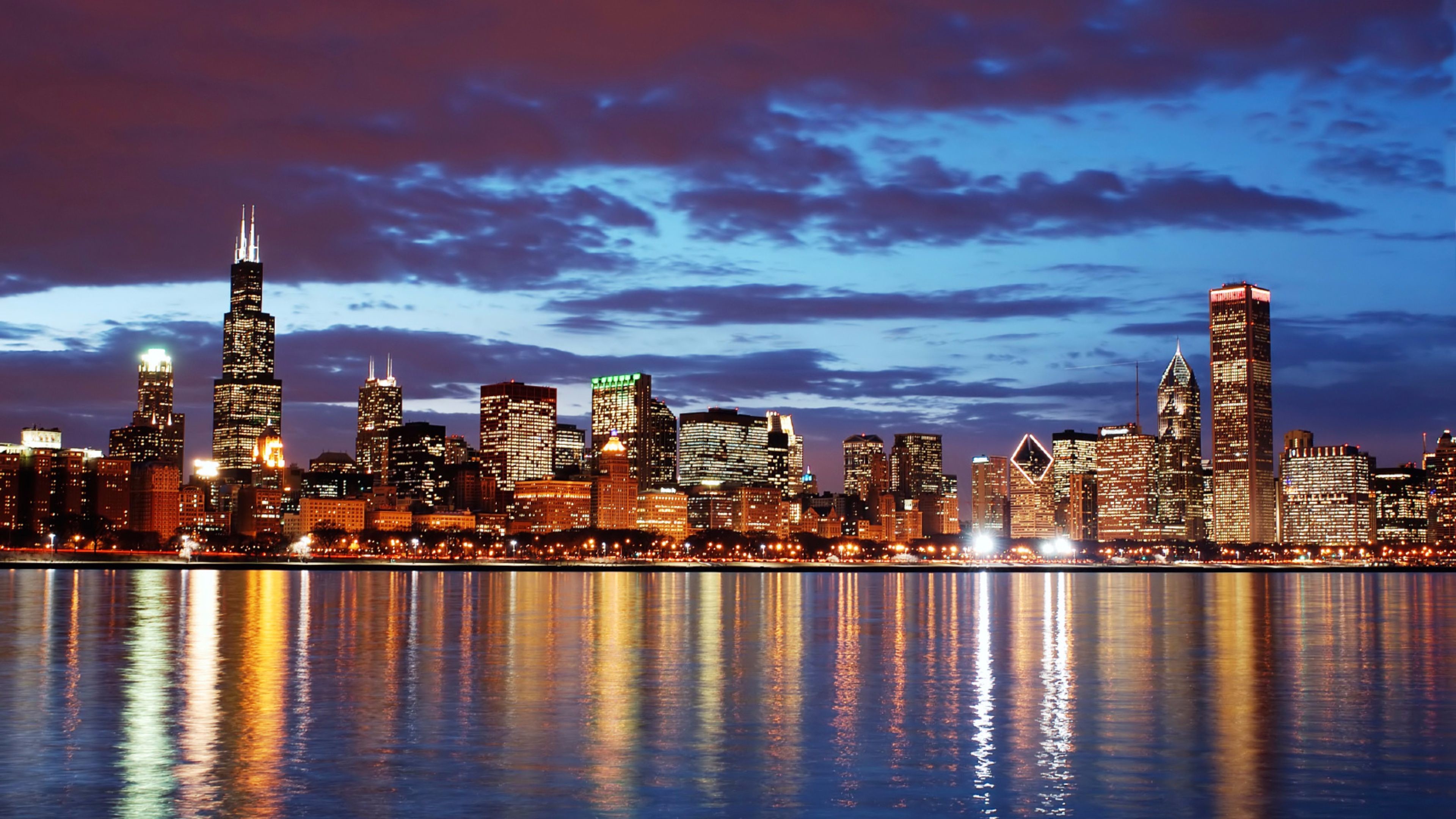 Chicago, Willis Tower, Skyline, Notte, Riflesso, sfondo desktop