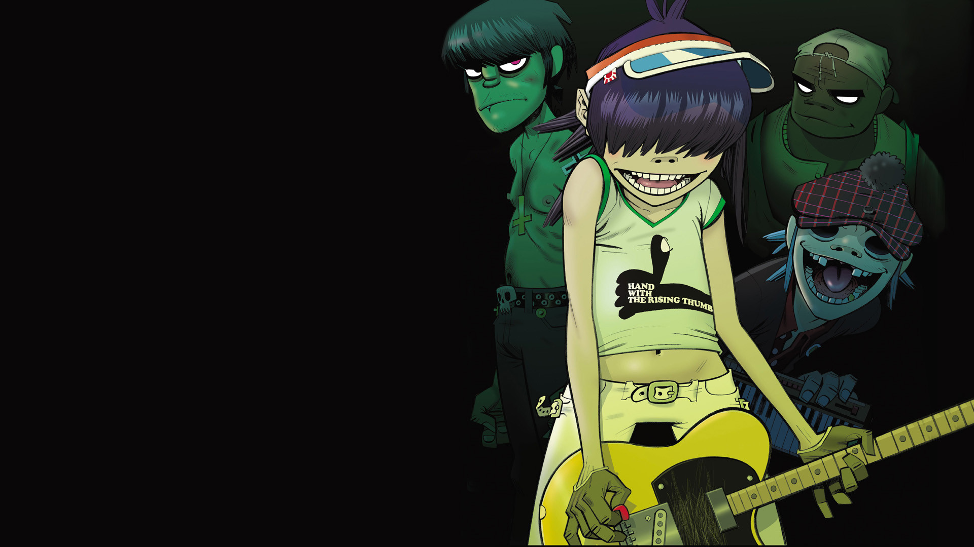 Gorillaz, Noodle, Murdoc Niccals, Chitarra, Sfondo nero, Full HD, wallpaper per PC