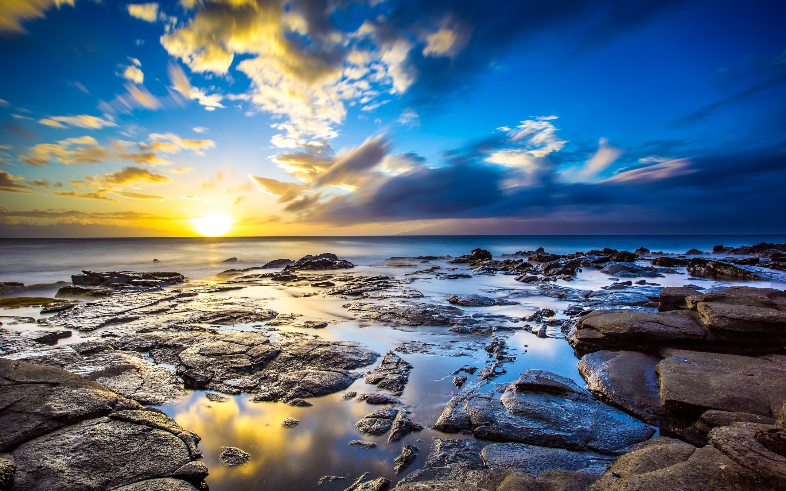 Tramonto, Costa rocciosa, Mare, Nuvole, wallpaper per cellulare