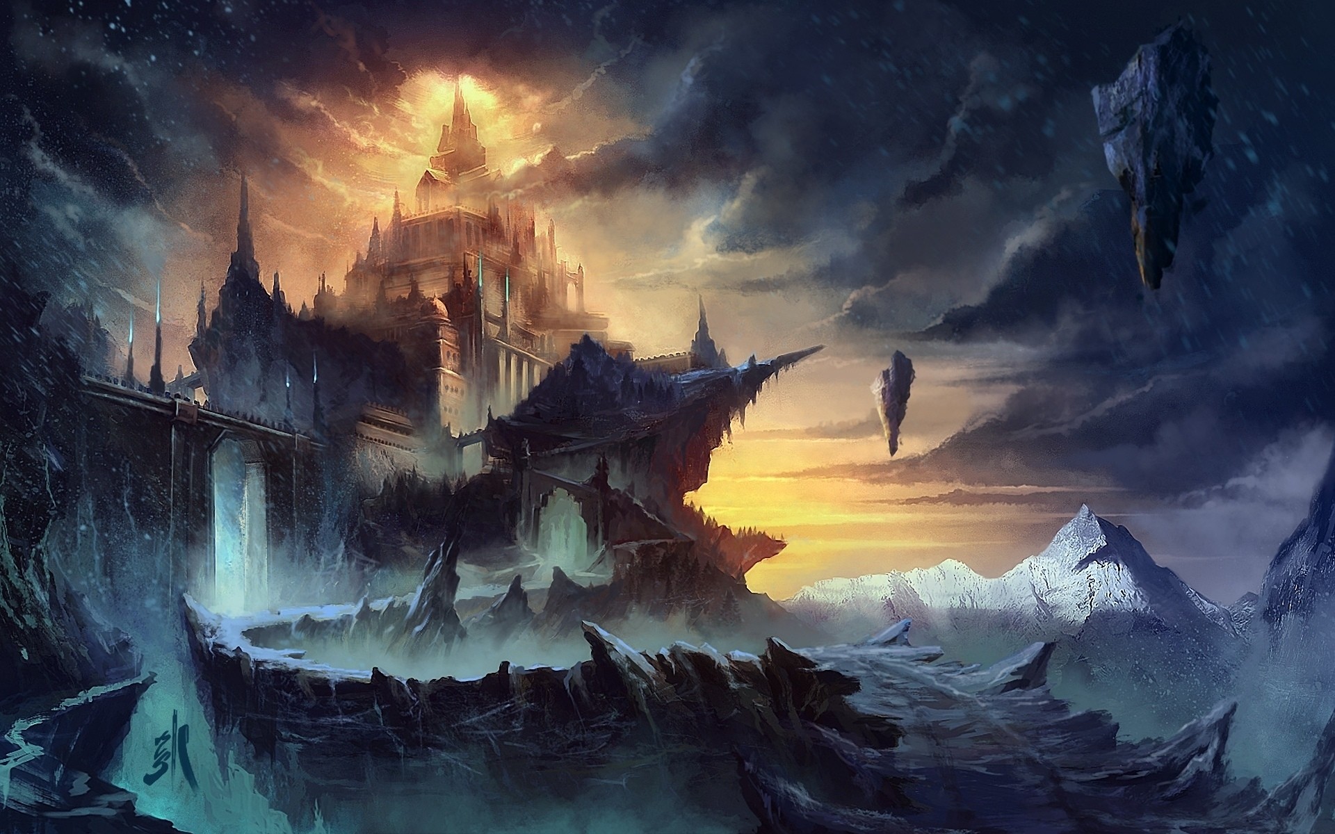 Castello fantasy, Isole fluttuanti, Tramonto, 1920x1200, immagine di sfondo