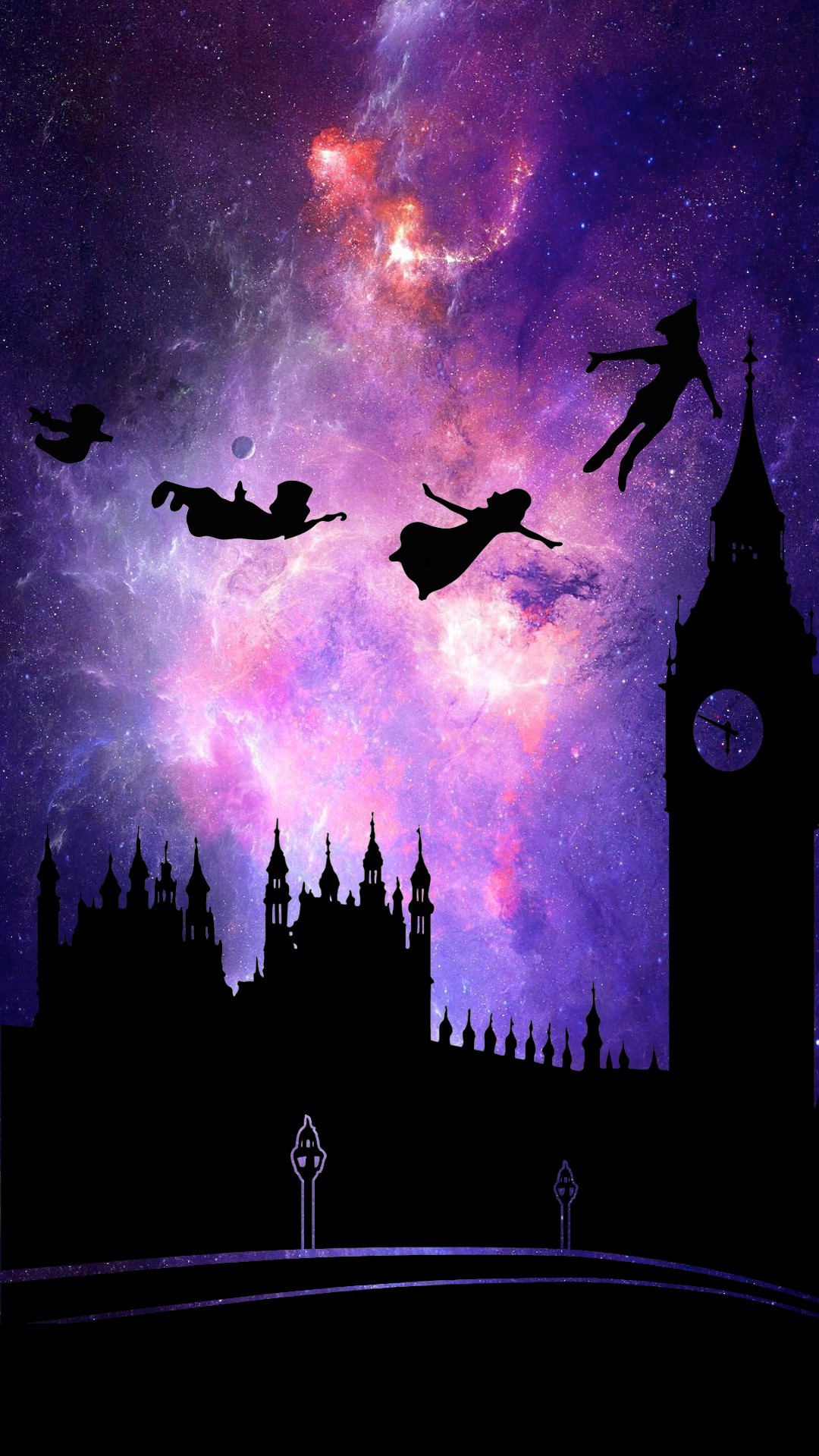 Peter Pan, Big Ben, Londra, Disney, Silhouette, Galassia, immagine di sfondo iPhone 6