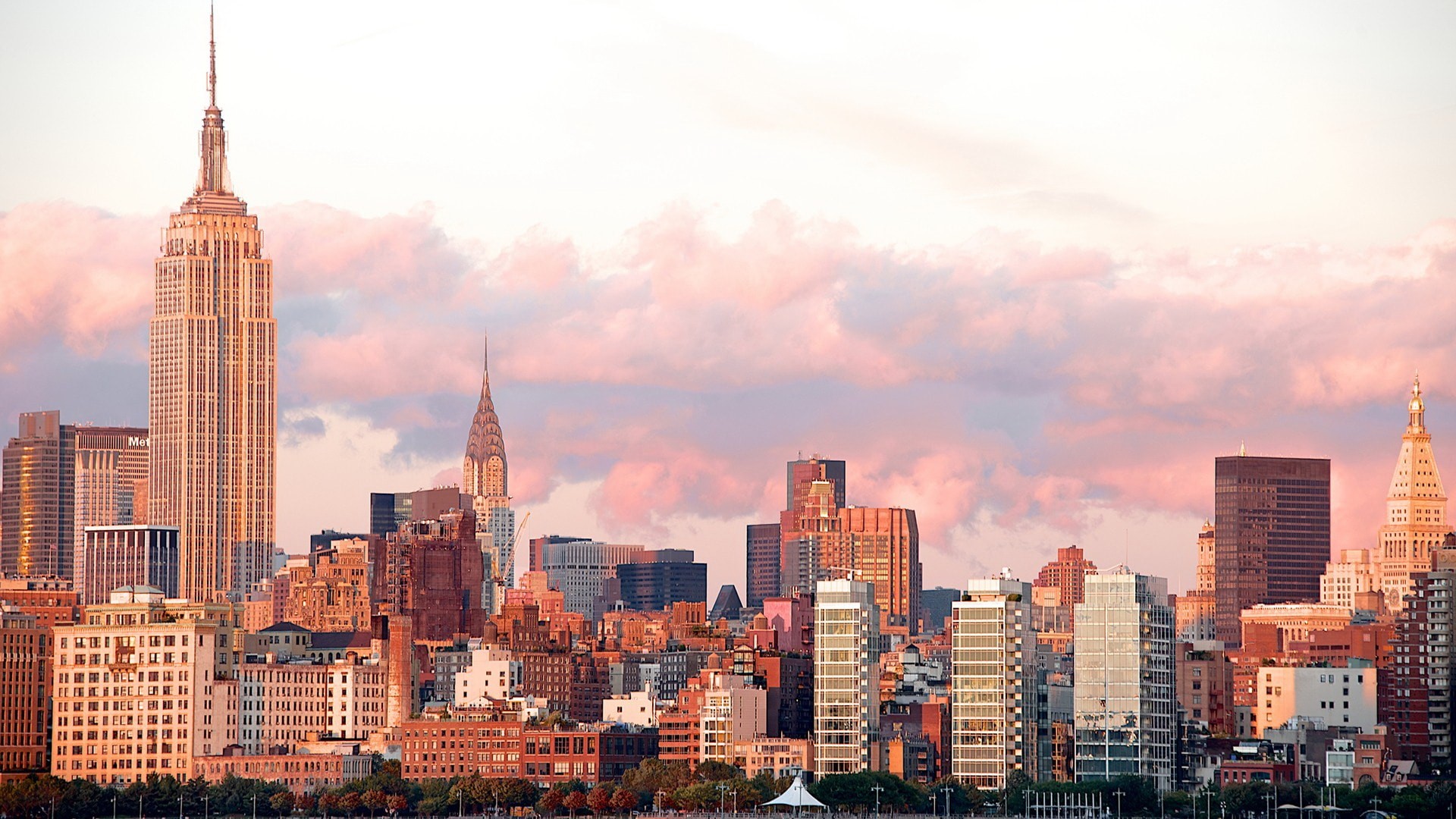 Empire State Building, Chrysler Building, Manhattan, Nuvole rosa, wallpaper desktop Full HD