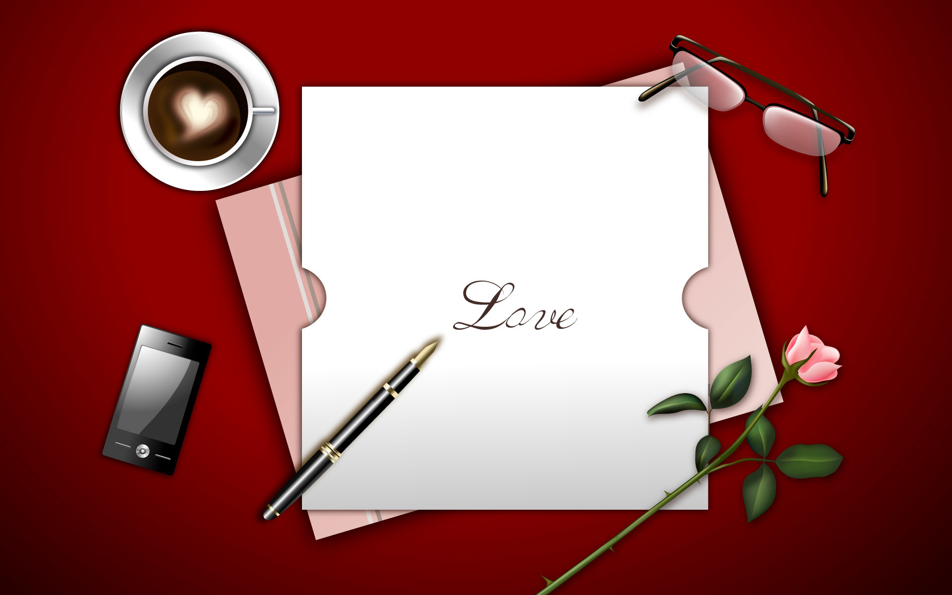 Lettera d'amore, Love, Caffè, Rosa, Penna stilografica, Full HD, sfondo Windows 11