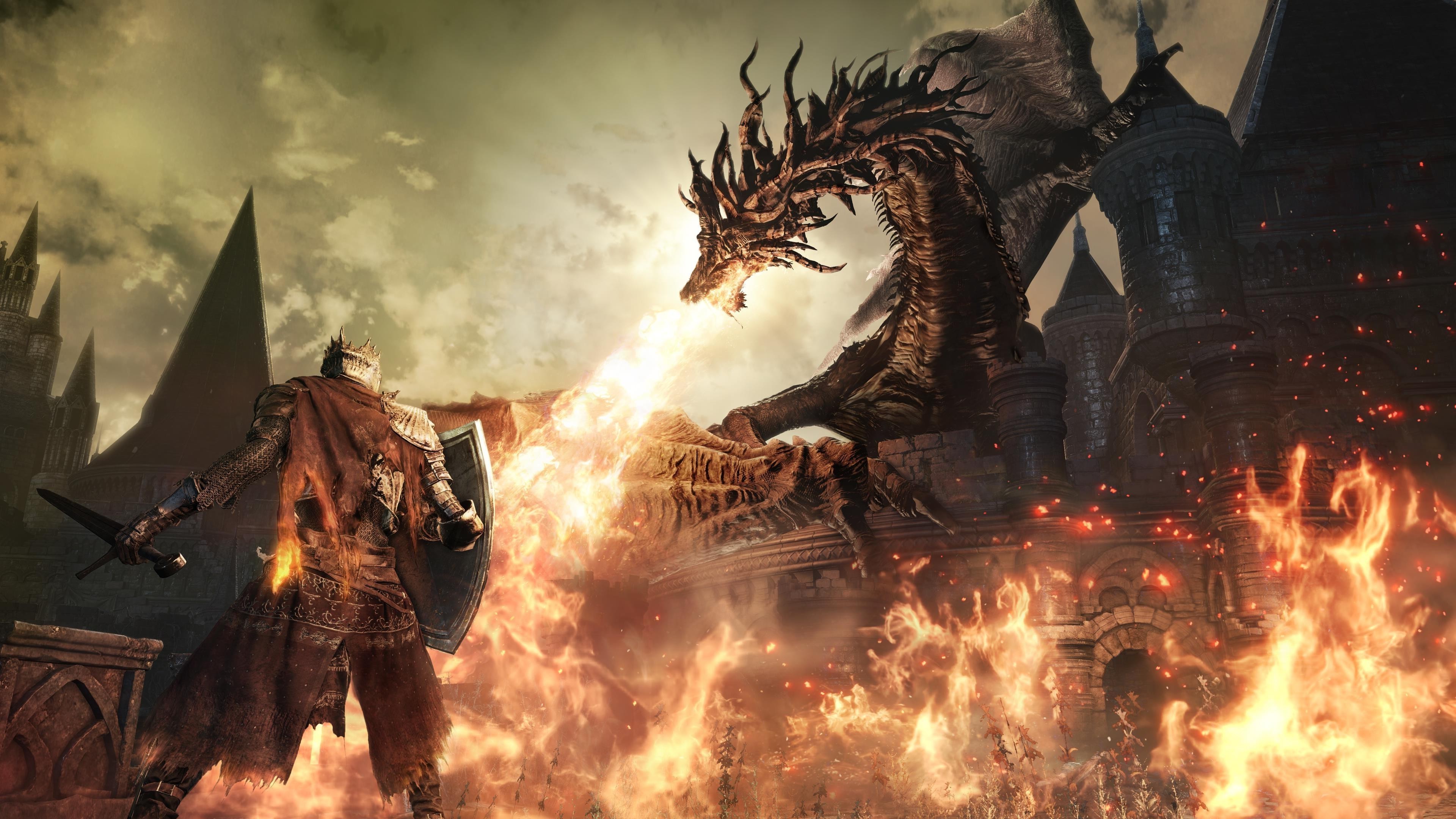 Dark Souls III, Drago, Cavaliere, Fuoco, 4K, sfondo Windows 11