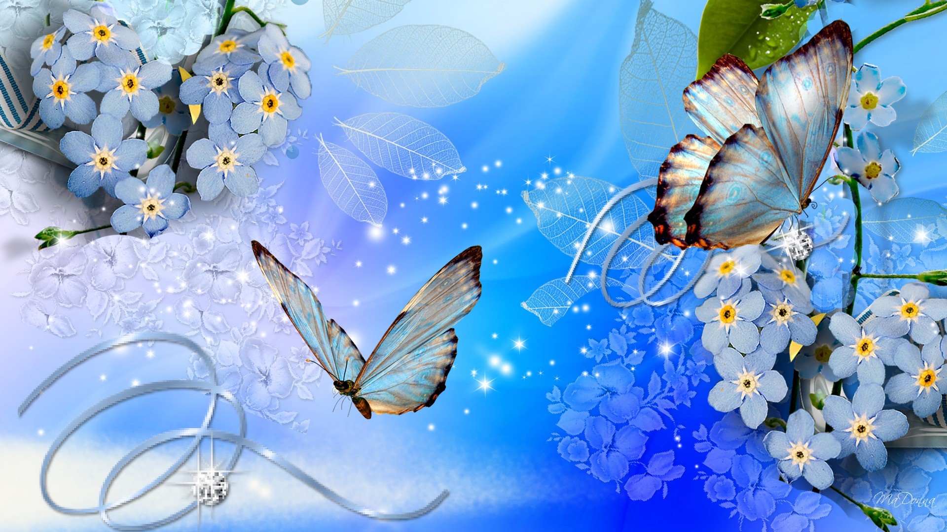 Farfalle, Nontiscordardimé, Azzurro, Arte digitale, Brillantini, sfondo 1920x1080 per PC