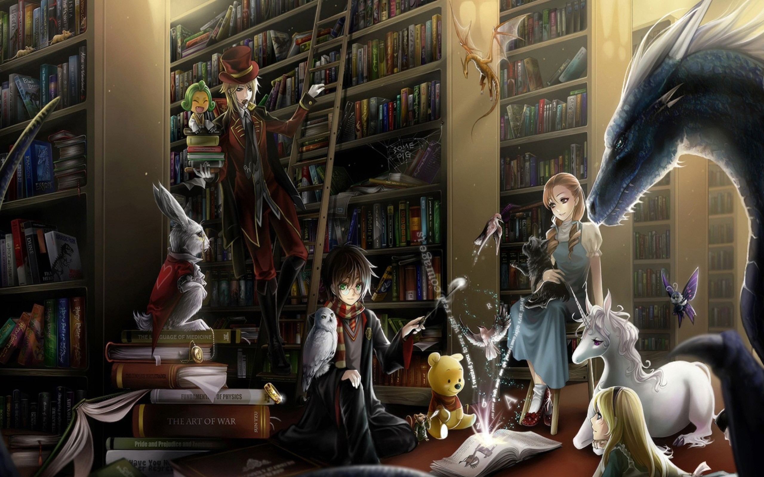 Biblioteca, Anime, Unicorno, Drago, Fantasy, 16:10 2K, sfondo widescreen