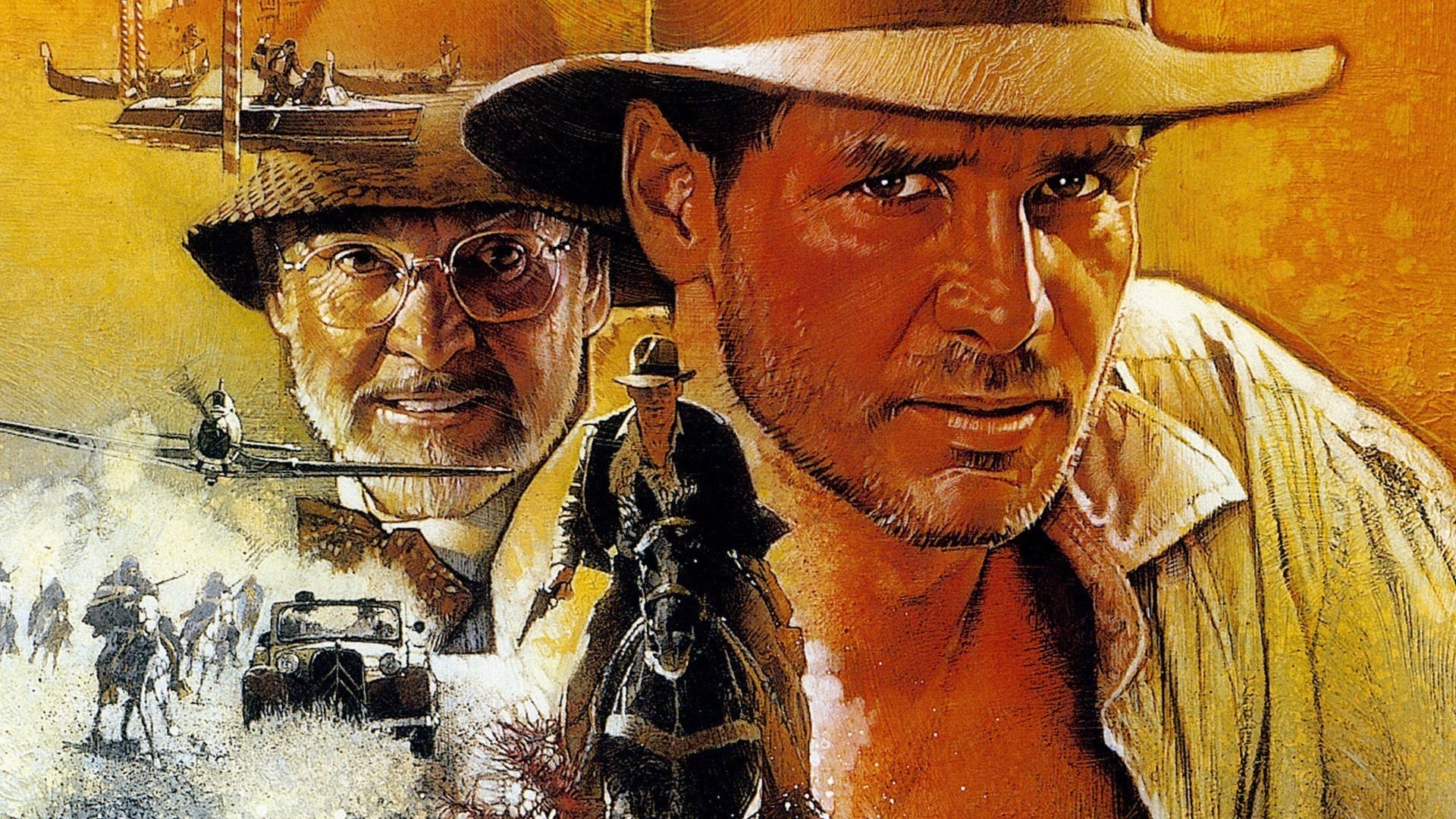 Indiana Jones e l'ultima crociata, Harrison Ford, Sean Connery, Locandina dipinta, wallpaper Full HD