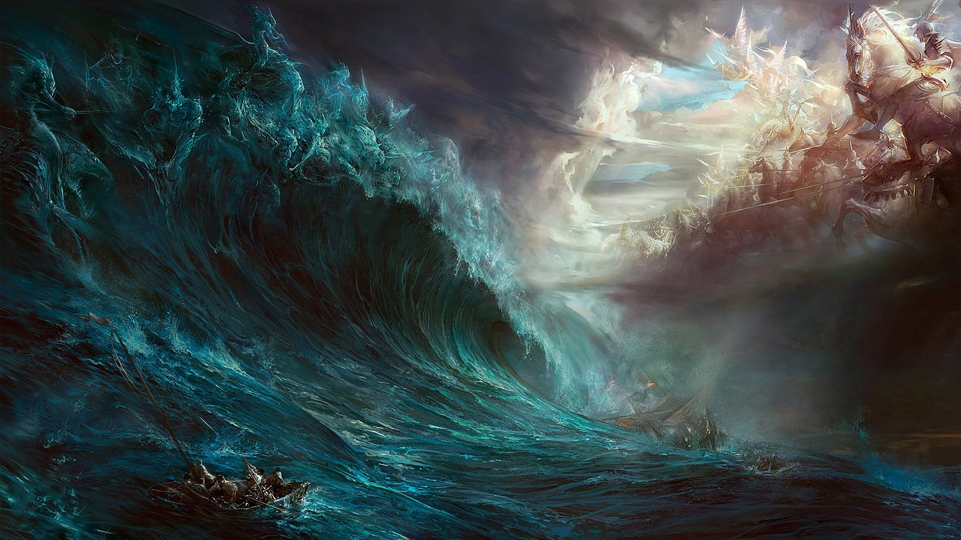 Onda gigante, Tempesta, Battaglia, Fantasy, Full HD, sfondo Windows 11