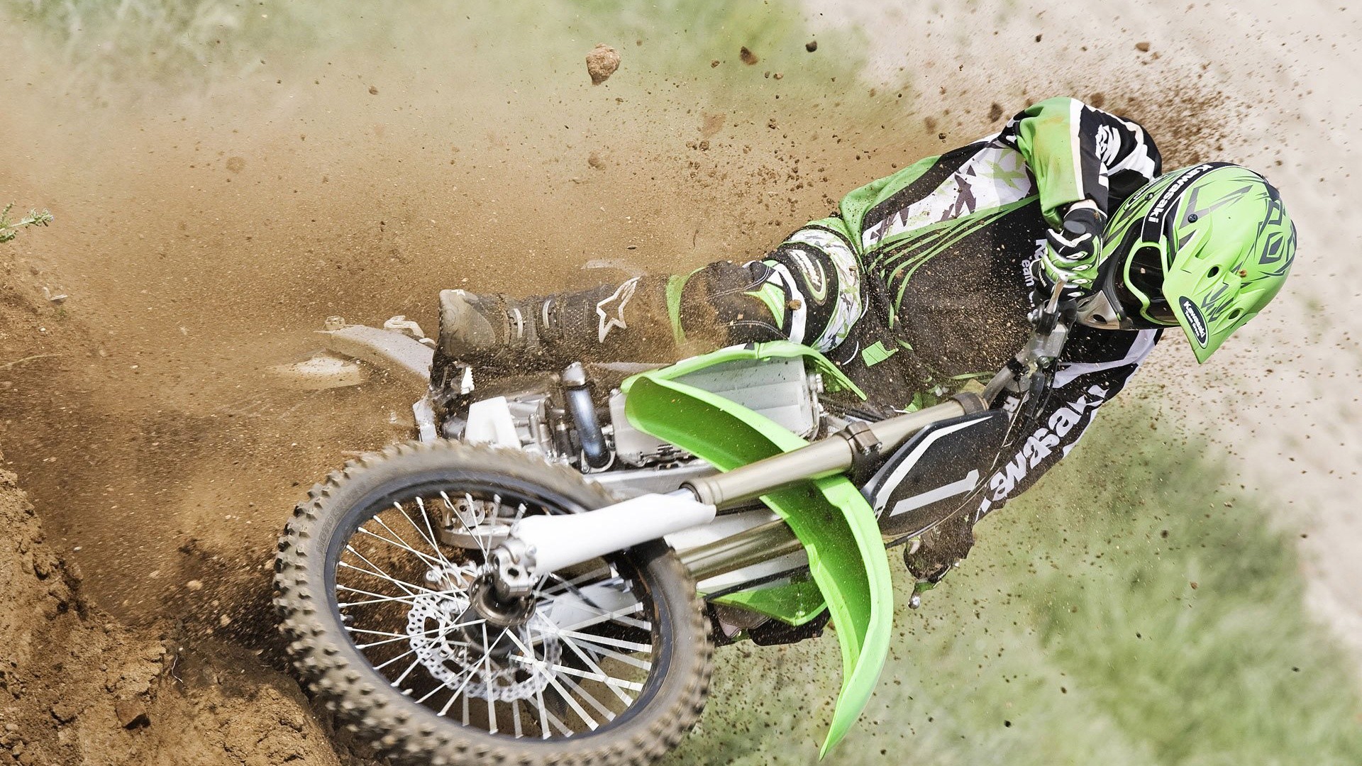 Kawasaki KX, Motocross, Polvere, Pilota, Verde, Full HD 1080p, sfondo desktop