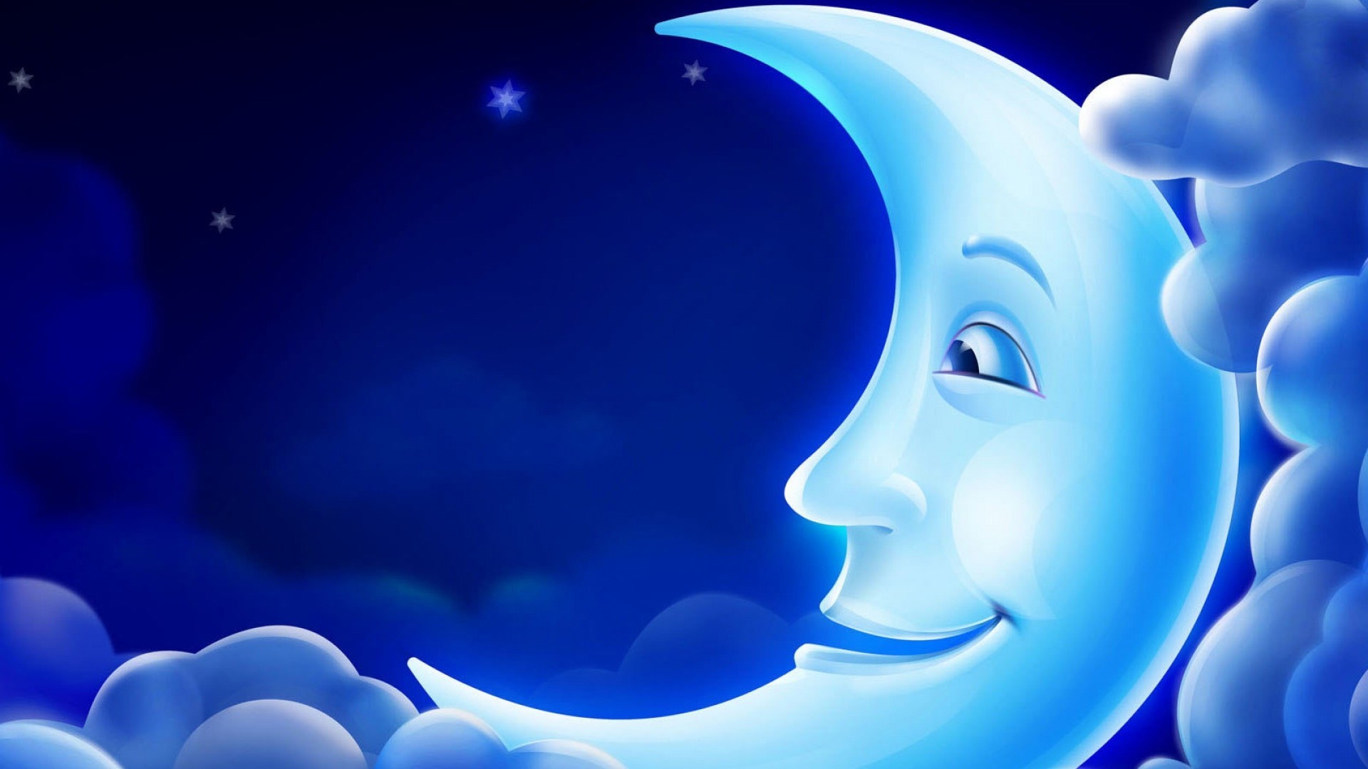 Luna sorridente, Luna crescente, Nuvole, Cartone animato, 1920x1080, immagine di sfondo