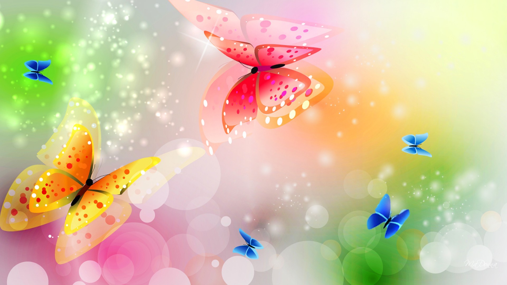 Farfalle colorate, Arte digitale, Bokeh, Rosa, 16:9 Full HD, sfondo widescreen