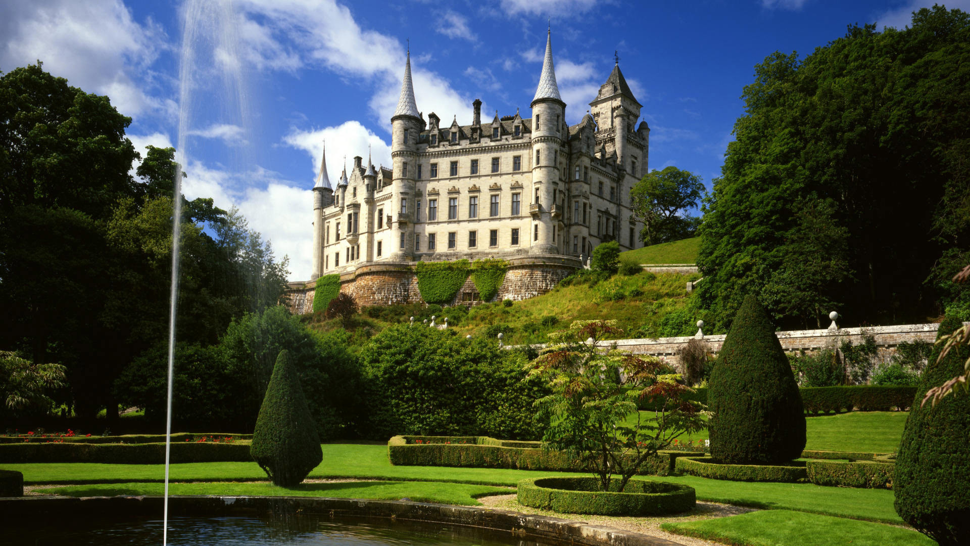 Castello di Dunrobin, Scozia, Giardino, Fontana, sfondo desktop