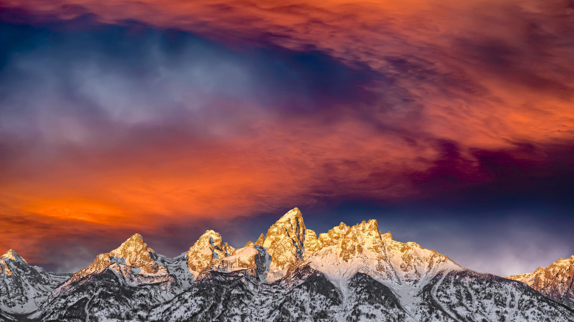 Cime innevate, Nuvole rosse, Tramonto, 16:9 Full HD, sfondo widescreen