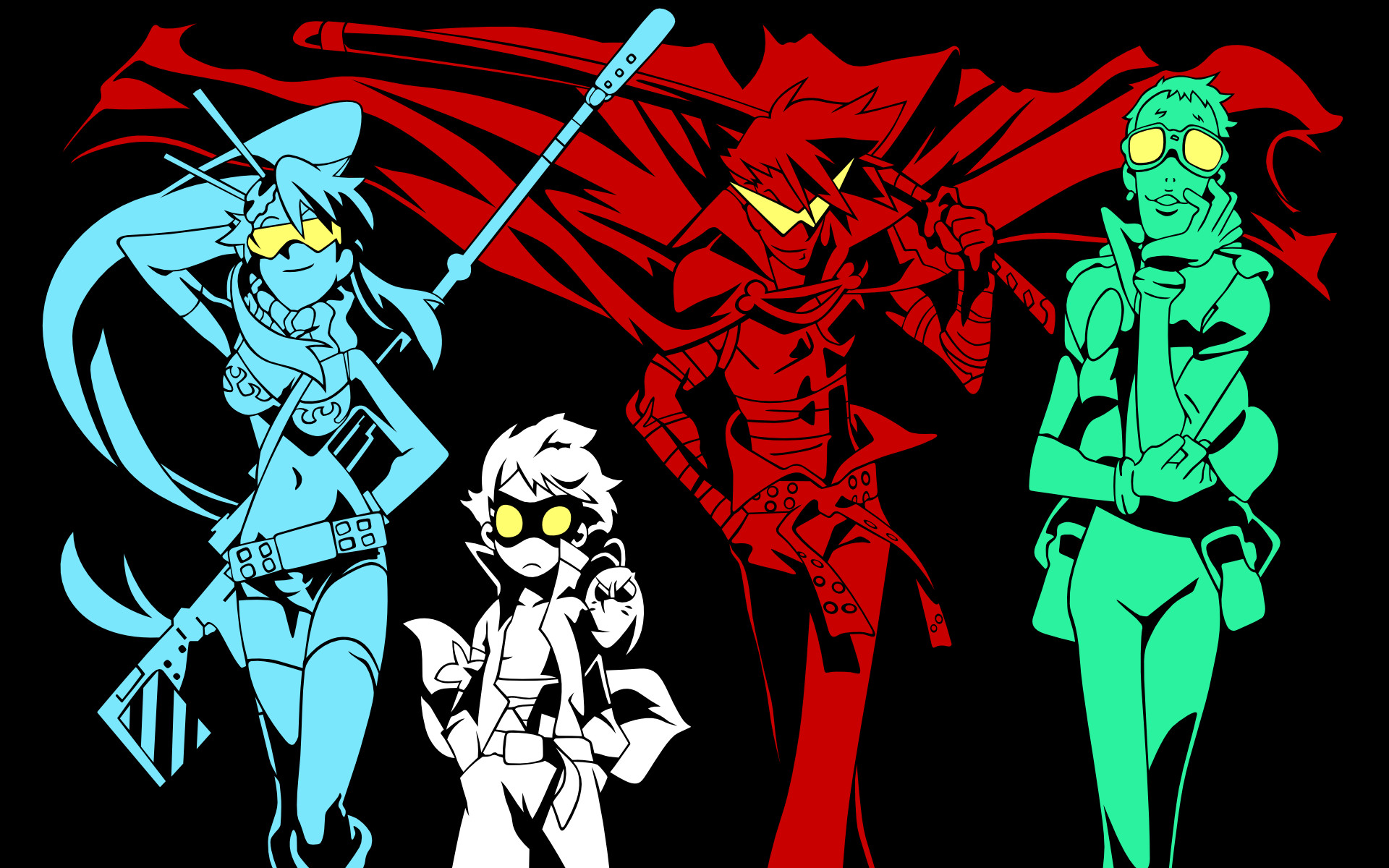 Kamina, Simon, Yoko Littner, Gurren Lagann, Silhouette colorate, sfondo Full HD per PC