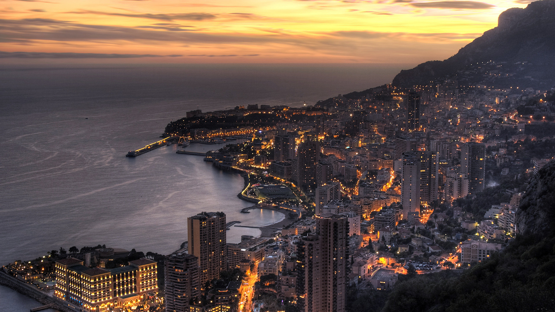 Monaco, Monte Carlo, Costa, Crepuscolo, Luci della città, 16:9 Full HD, sfondo widescreen