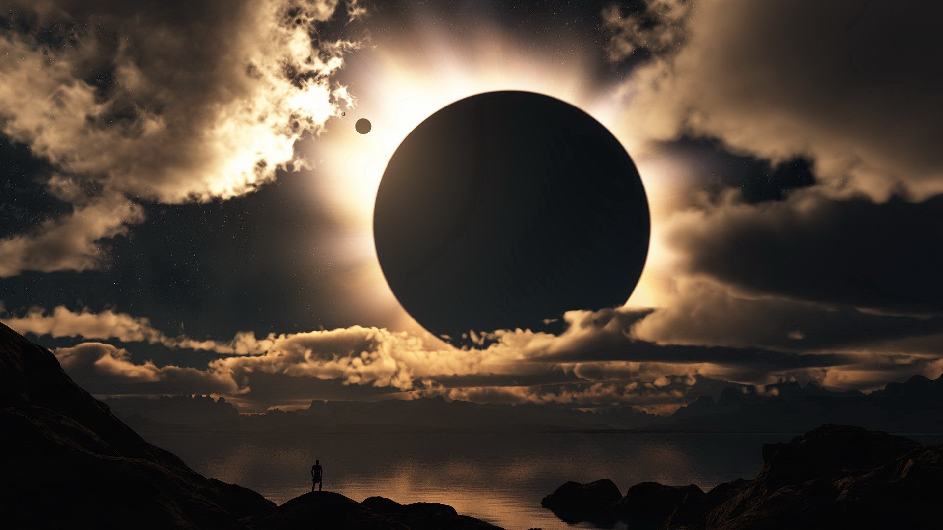 Eclissi, Nuvole, Arte fantasy, Silhouette, Full HD, sfondo per il tuo desktop