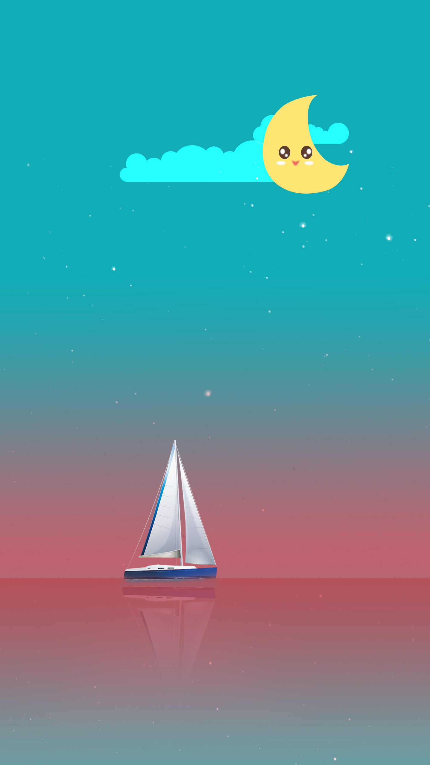 Barca a vela, Luna, Mare, Illustrazione, Turchese, wallpaper Galaxy S7 Edge