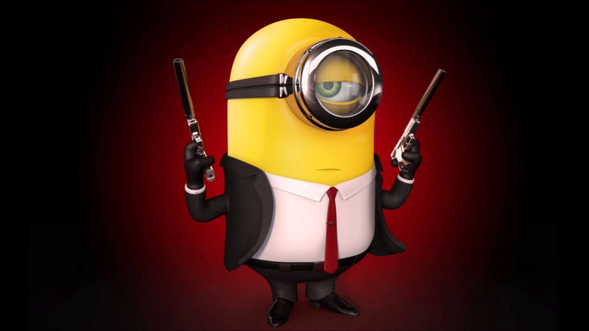 Minion, Hitman, Parodia, Pistole, Sfondo rosso, 16:9 Full HD, wallpaper widescreen