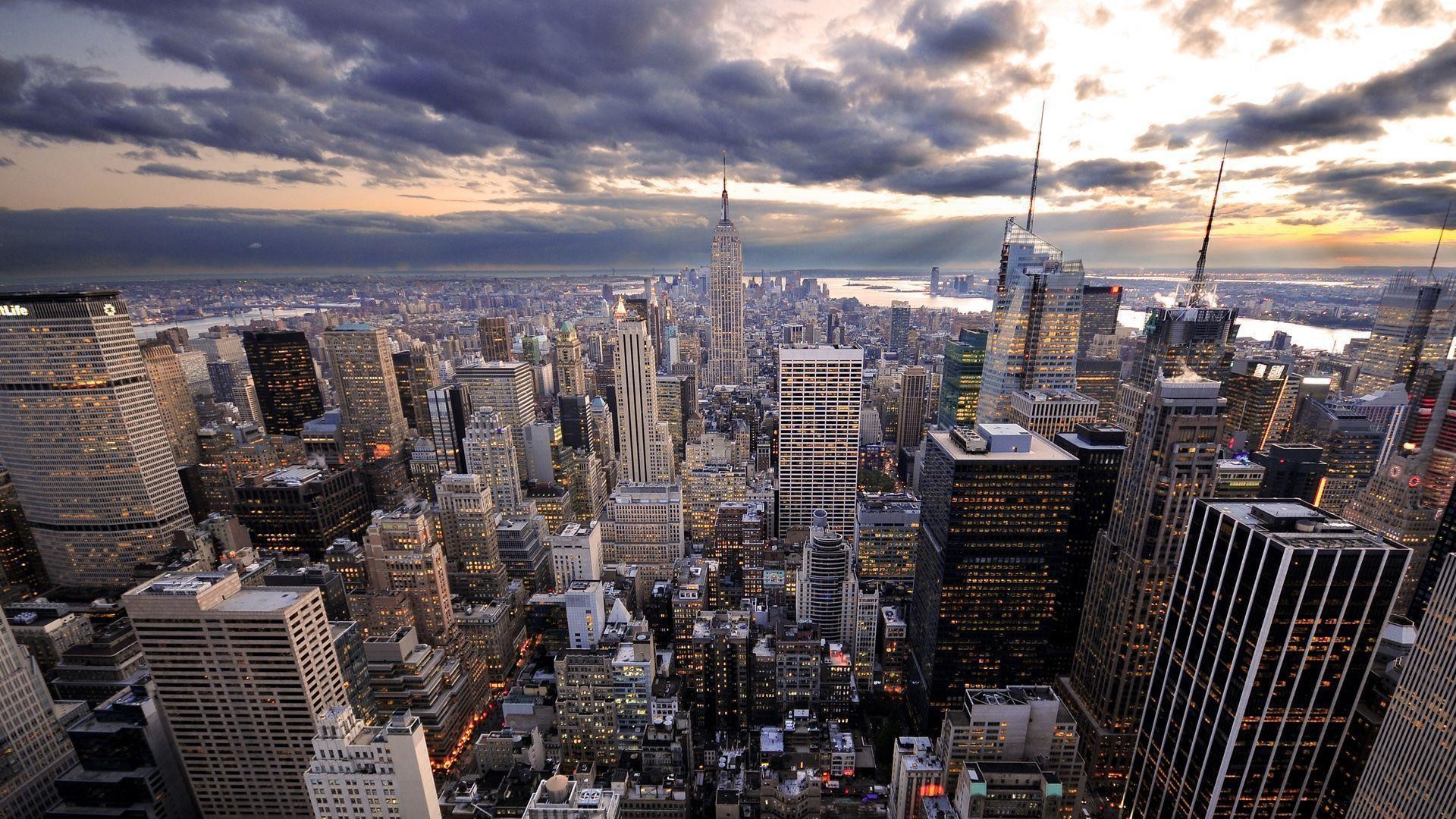 Manhattan, Empire State Building, Vista aerea, Nuvole, 16:9 Full HD, sfondo widescreen