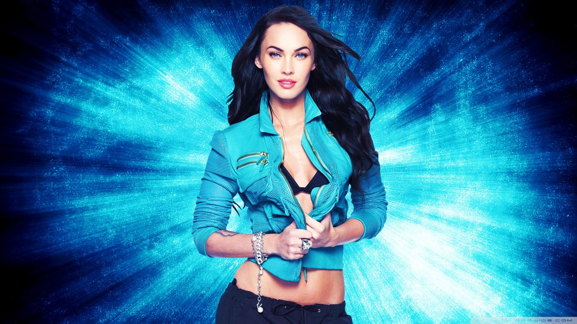 Megan Fox, Giacca azzurra, Raggi di luce, Toni blu, 1920x1080, sfondo per PC