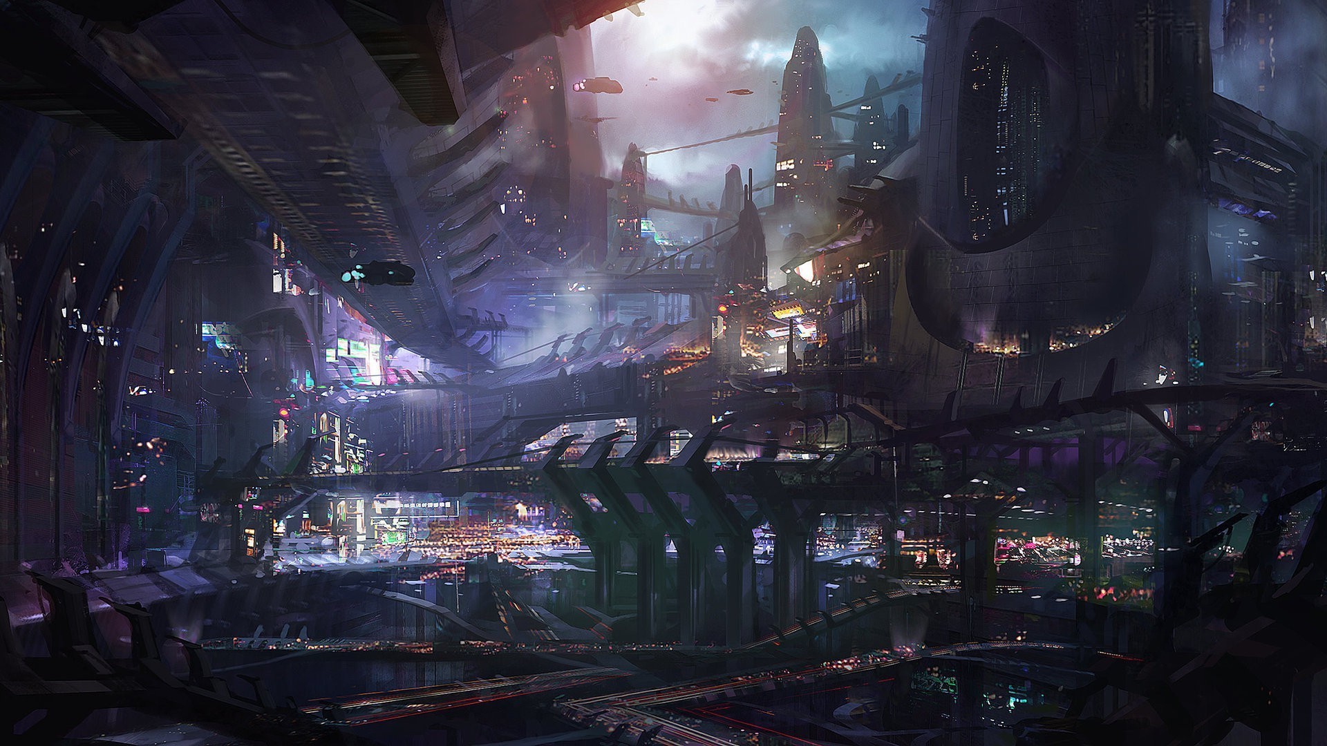 Città futuristica, Notte, Cyberpunk, Luci, Fantascienza, Full HD, sfondo per PC