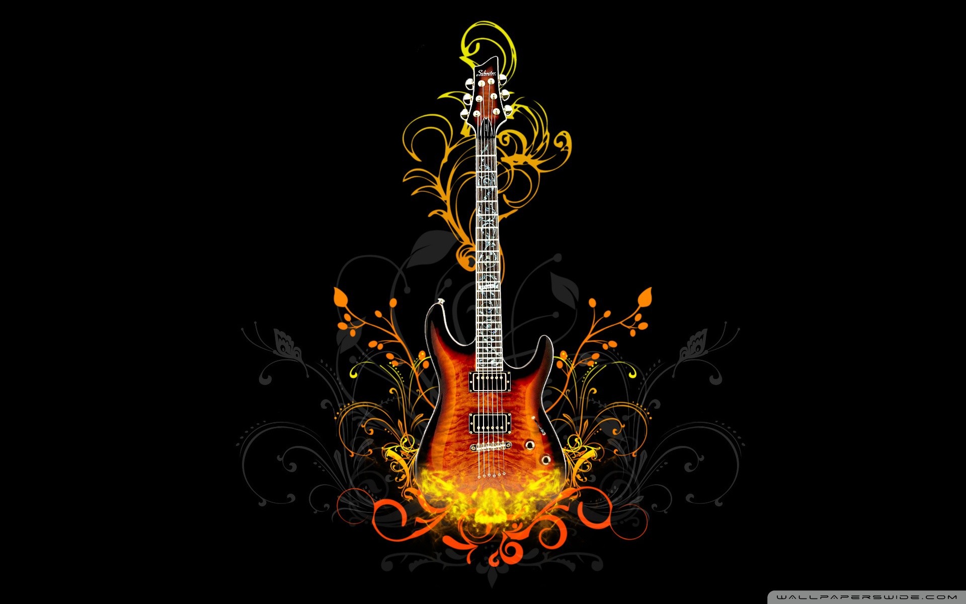 Chitarra elettrica, Ornamenti, Arte digitale, Sfondo nero, 16:10 Full HD, wallpaper widescreen