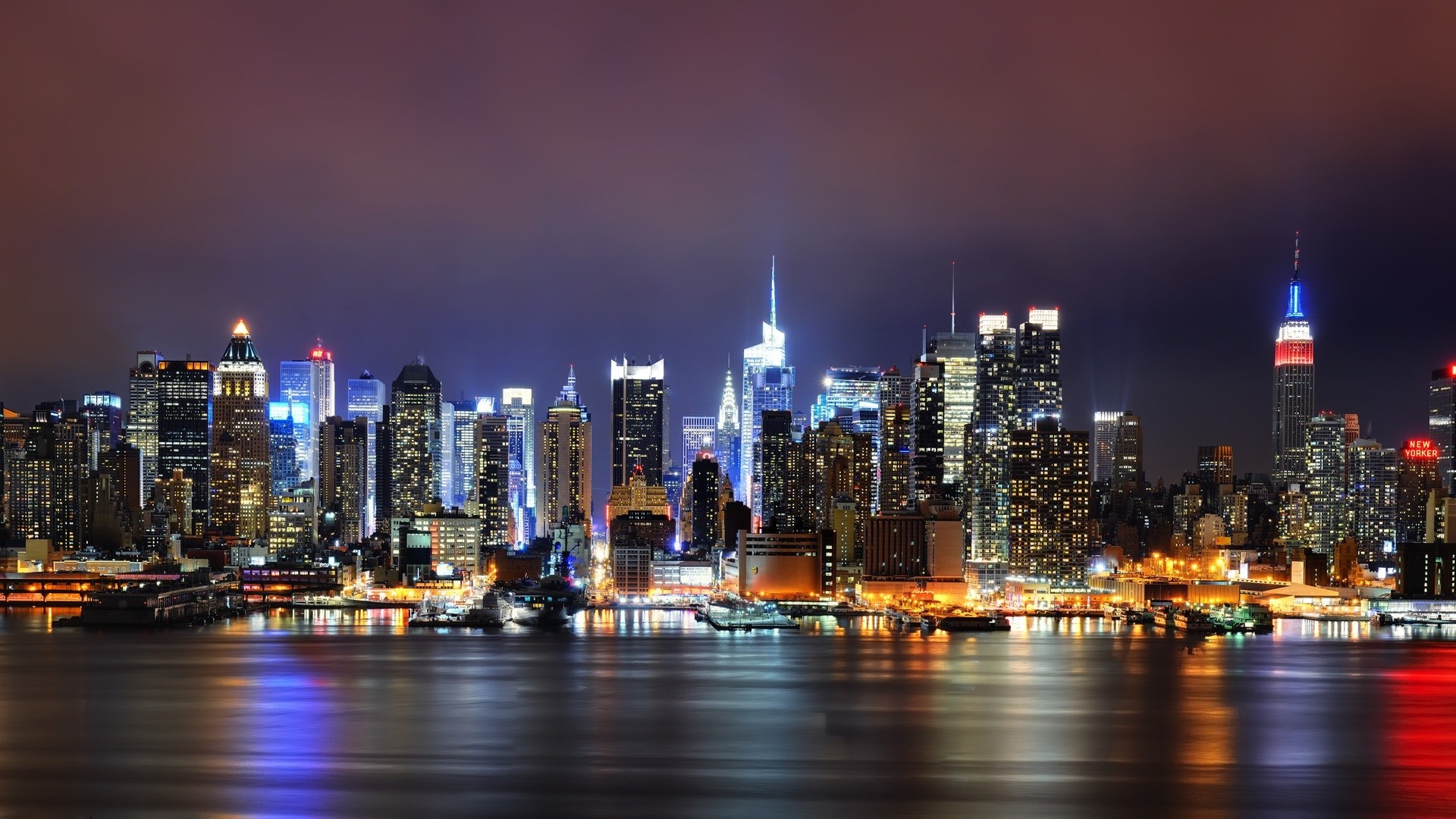 Skyline di Manhattan, Empire State Building, Fiume Hudson, Notte, Luci della città, sfondo Full HD
