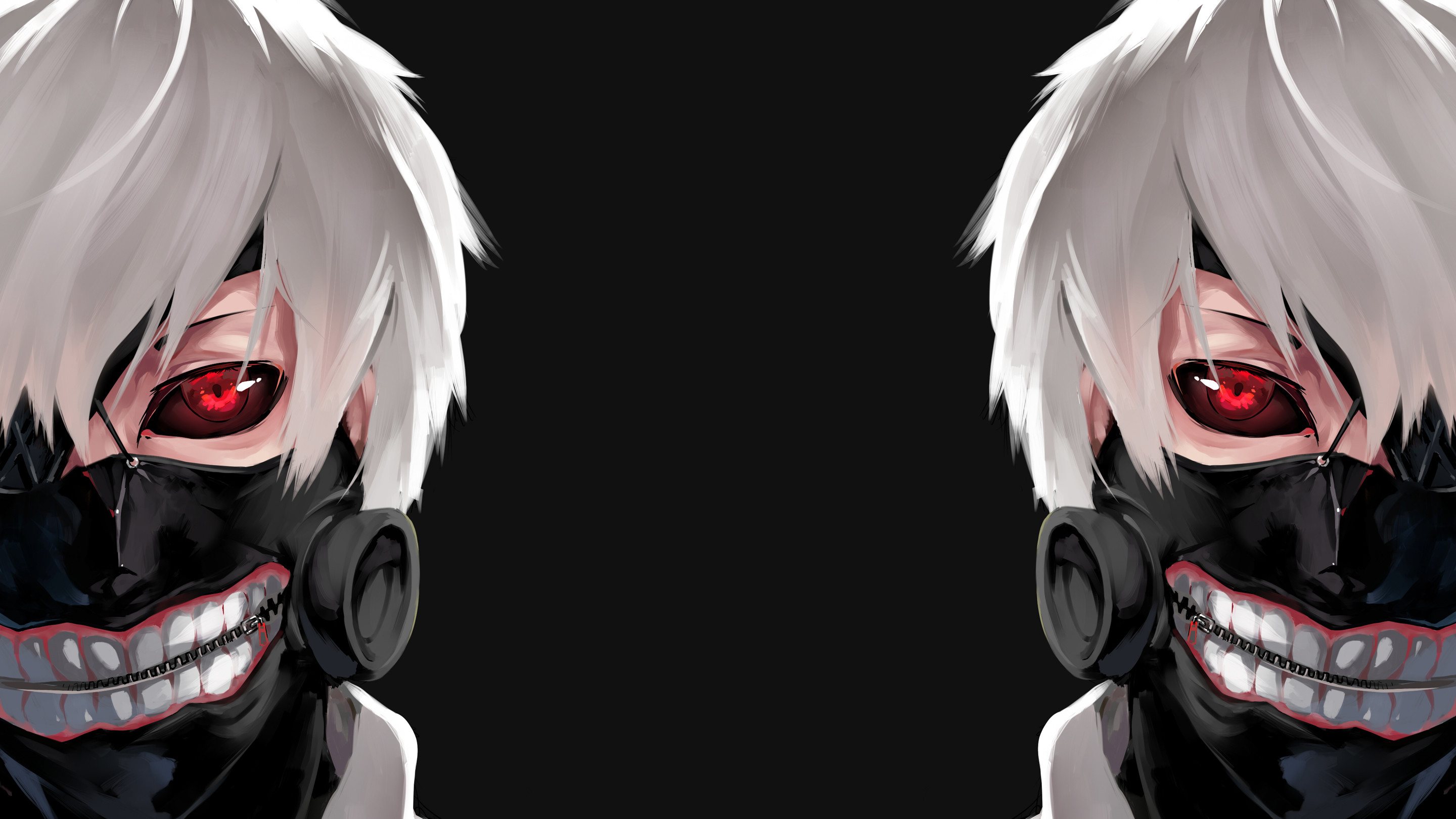 Ken Kaneki, Tokyo Ghoul, Maschera da ghoul, Occhio rosso, Simmetria, sfondo desktop 2K