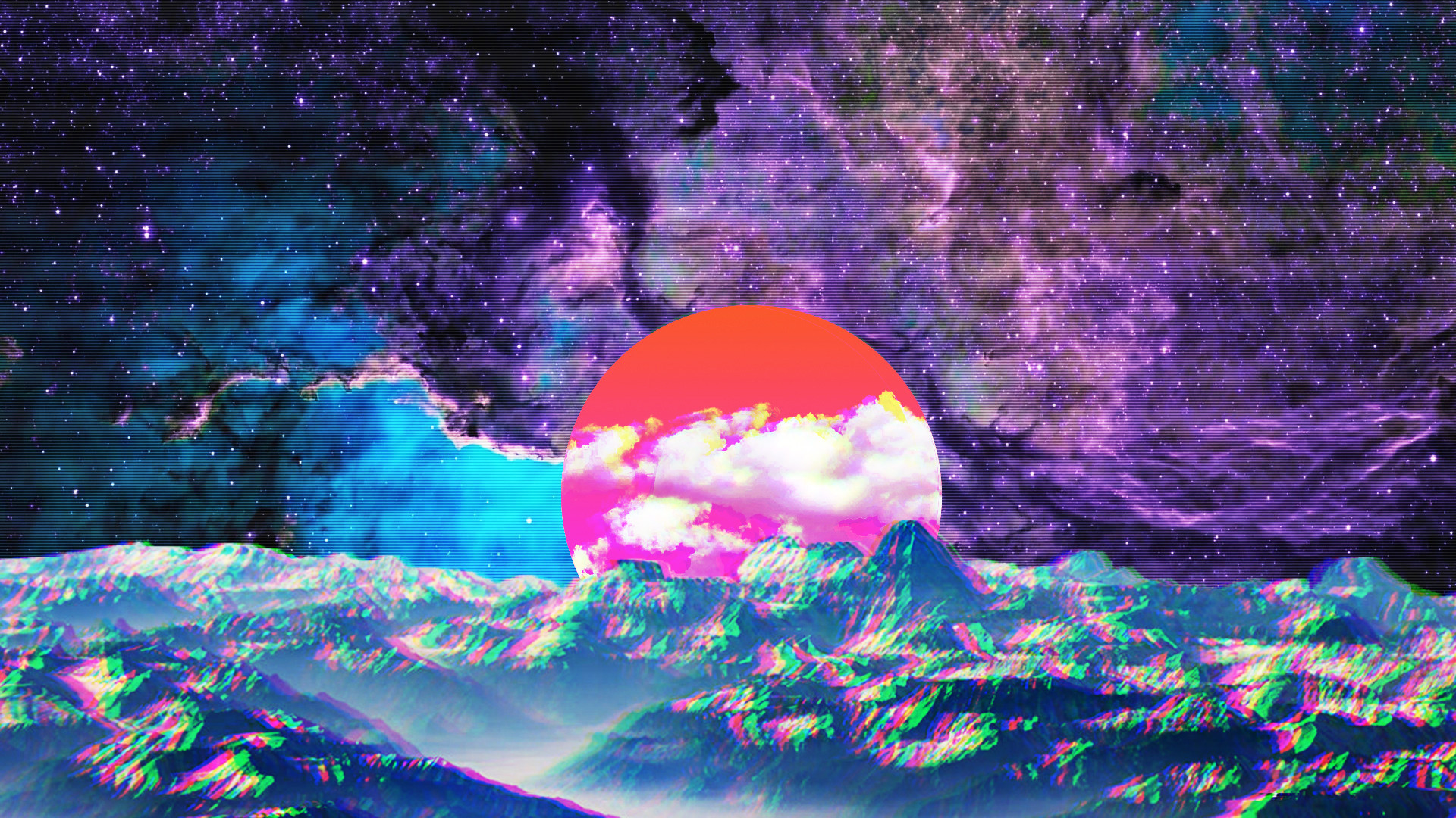 Vaporwave, Sole rosso, Galassia, Montagne, Glitch, Full HD, sfondo Windows 11